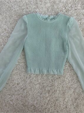 Aritzia Wilfred Mint Green Smocked Long‑Sleeve Crop Top